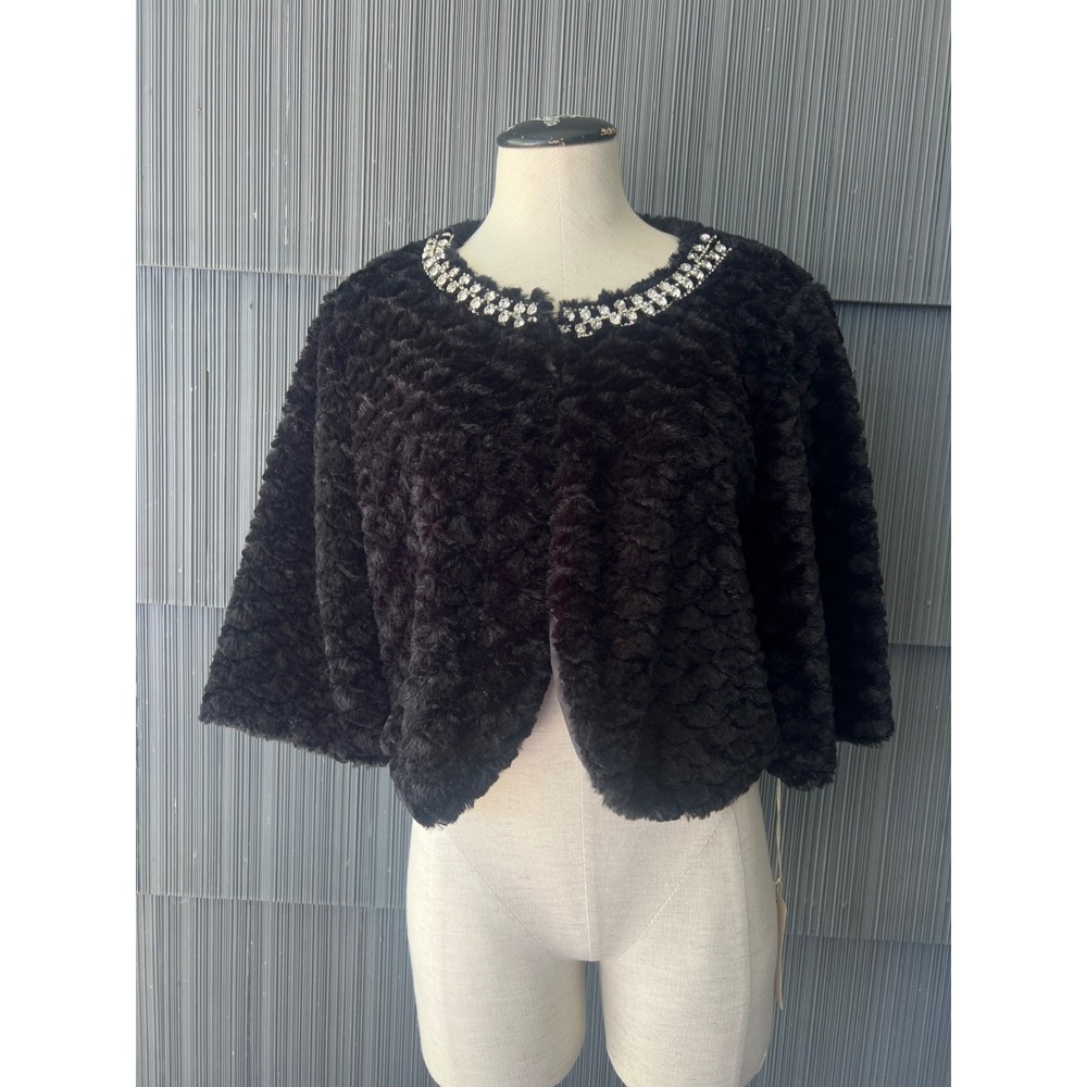 Haani Womens Black Faux Fur Rhinestone Bolero Jacket Cropped Shrug Size L NEW